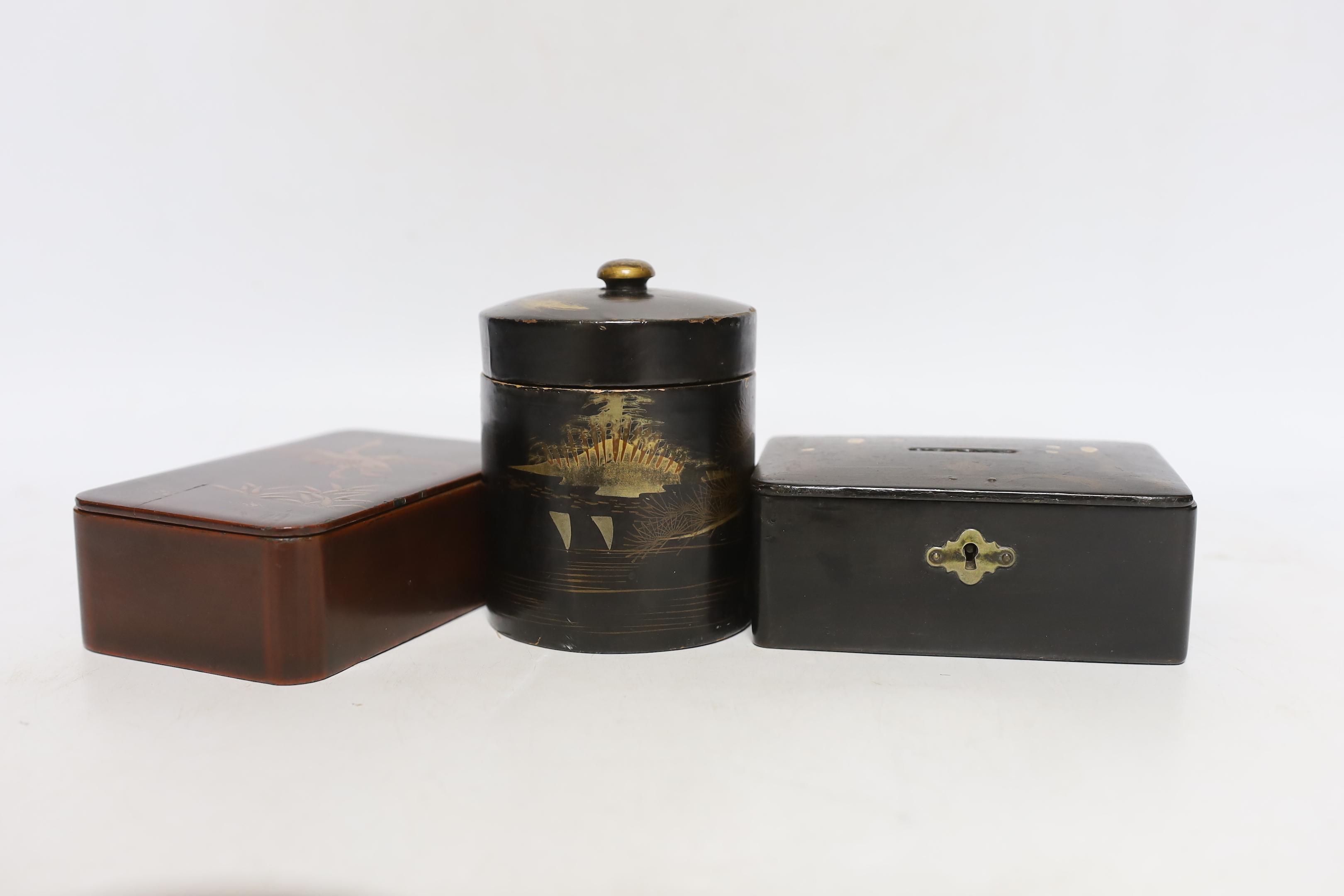 Six pieces of Japanese lacquerware comprising boxes and a small dish, largest 13cm wide